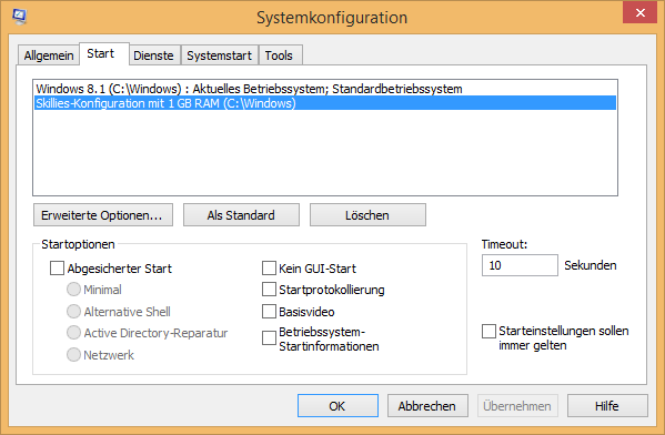 Registerkarte „Start“ der Systemkonfiguration